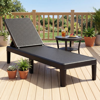 Outdoor Chaise Lounger Chair, Waterproof Rattan Textured PP, 330 lbs, Black Outdoor Chaise Lounges at Gallery Canada