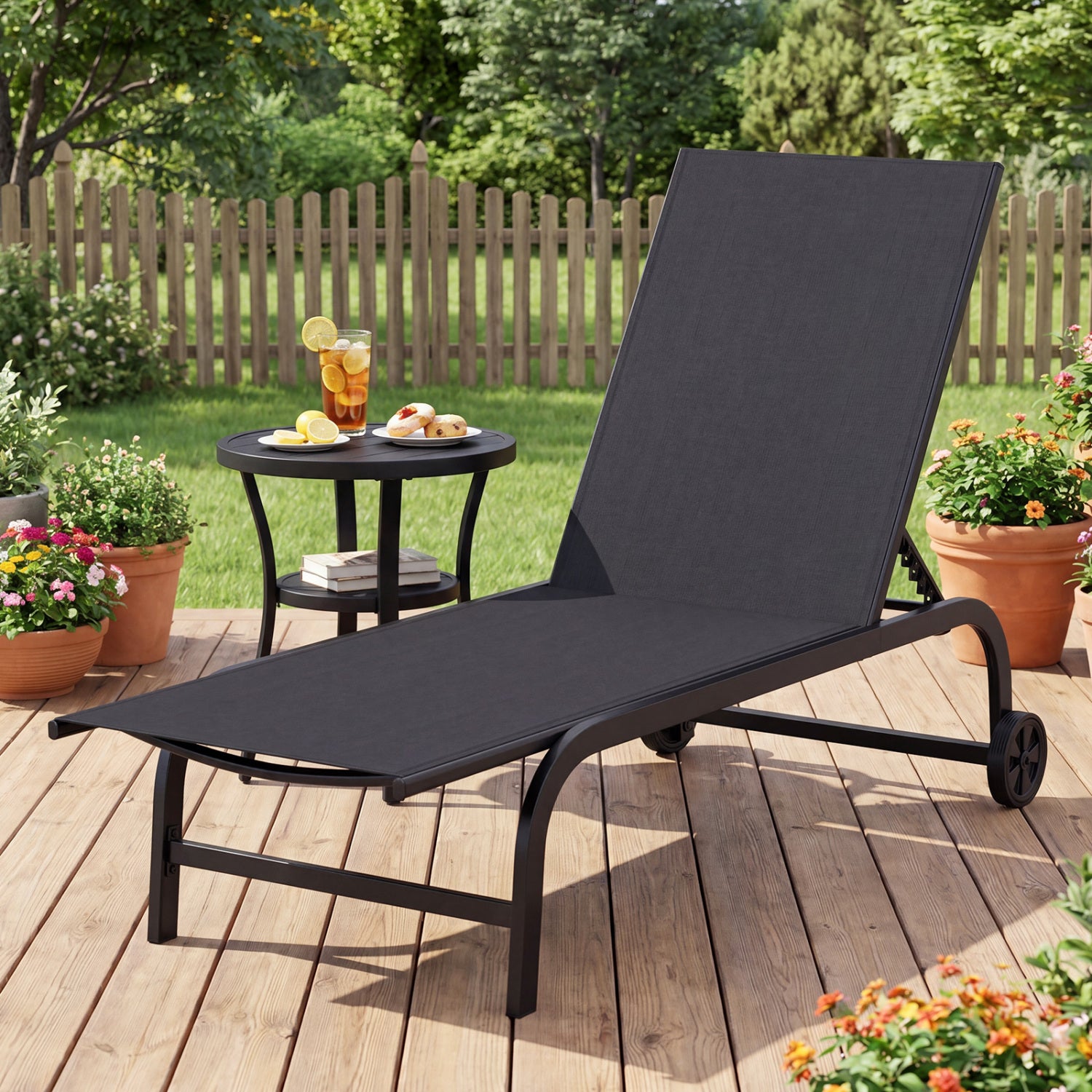 Outdoor Chaise Lounge Chair With Wheels, Metal Frame, Black Outdoor Chaise Lounges at Gallery Canada