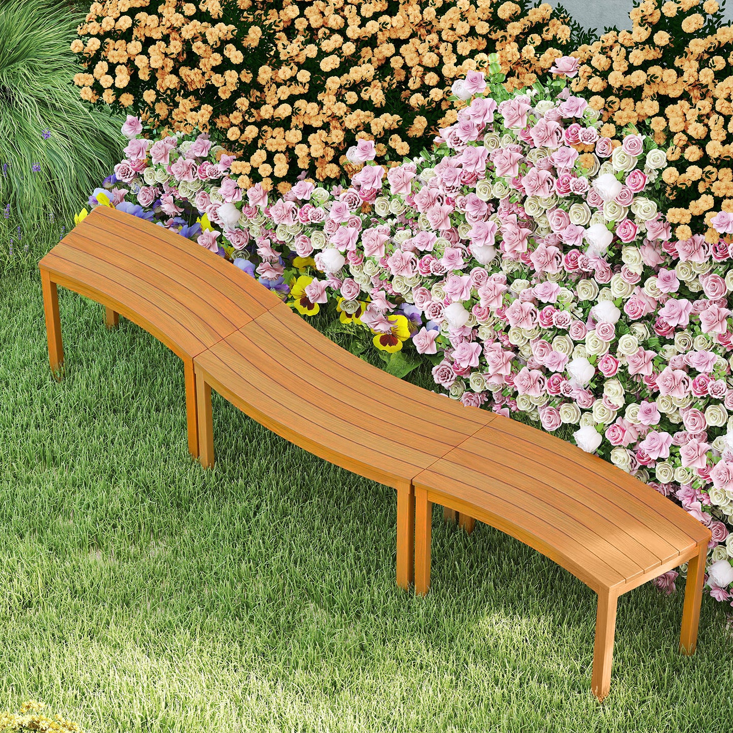 Outdoor Curved Acacia Wood Bench Set, 3, Natural Outdoor Benches at Gallery Canada