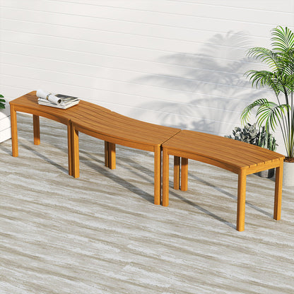 Outdoor Curved Acacia Wood Bench Set, 3, Natural Outdoor Benches at Gallery Canada