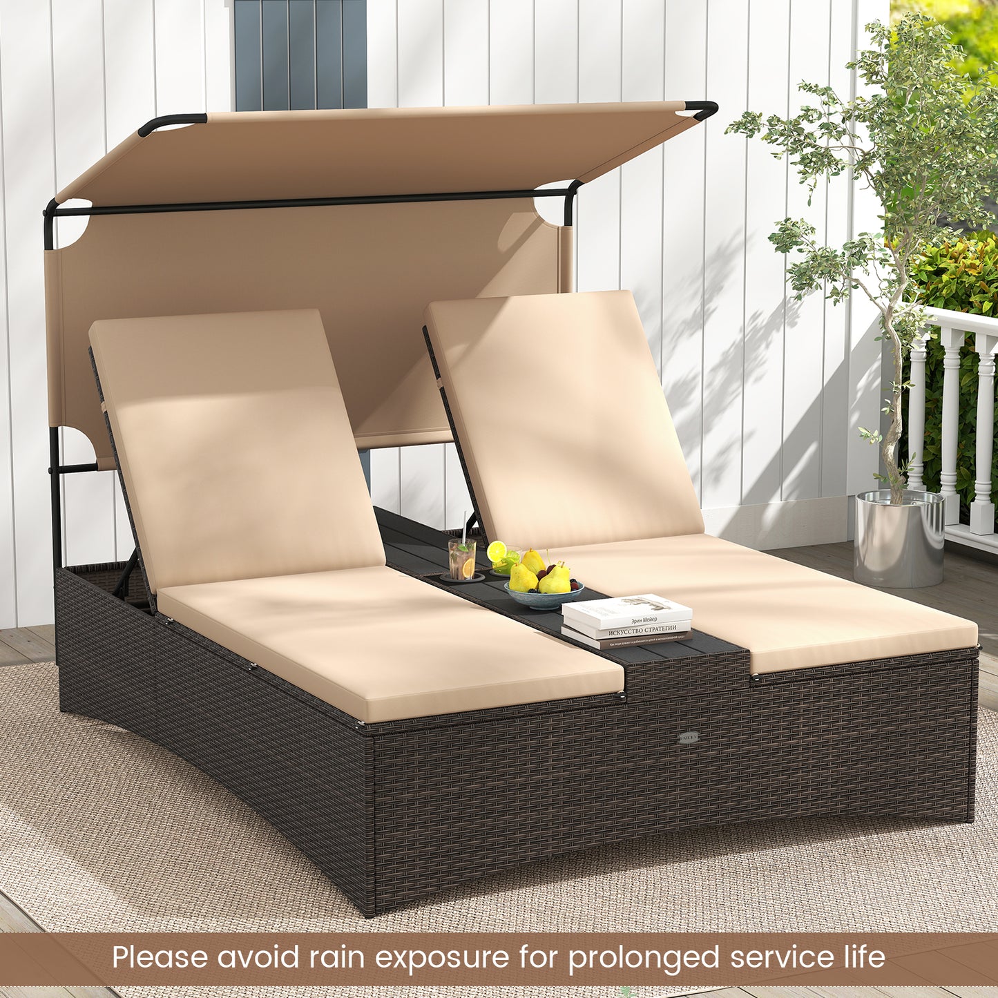 Outdoor Daybed, Adjustable Backrest, 2-Person PE Rattan Patio Bed, Brown Outdoor Chaise Lounges at Gallery Canada
