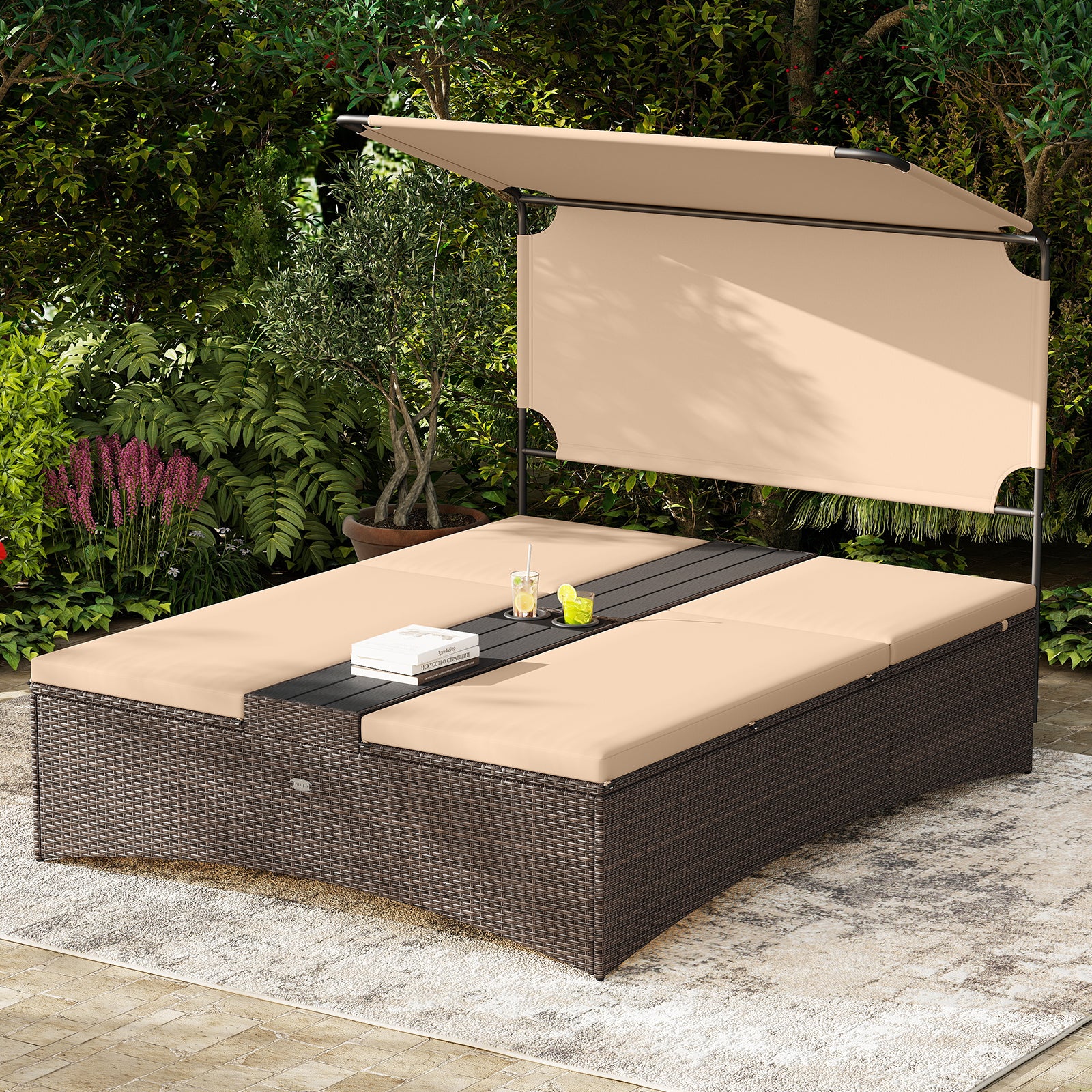 Outdoor Daybed, Adjustable Backrest, 2-Person PE Rattan Patio Bed, Brown Outdoor Chaise Lounges at Gallery Canada