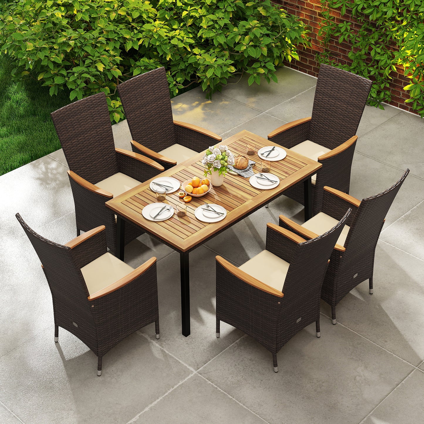 Outdoor Dining Set for 6 Patio Wicker Armchairs and Acacia Wood Table Patio Dining Sets at Gallery Canada