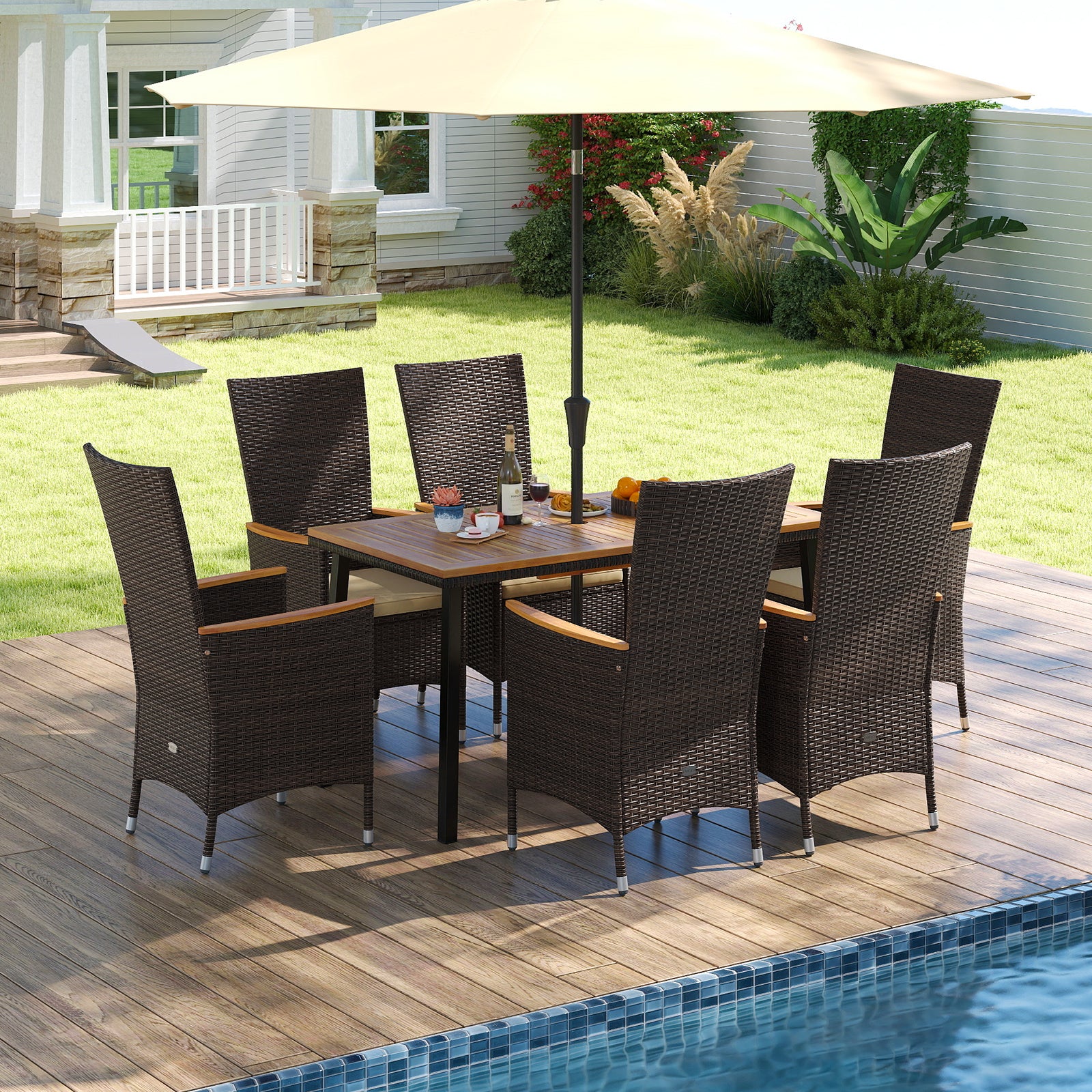 Outdoor Dining Set for 6 Patio Wicker Armchairs and Acacia Wood Table Patio Dining Sets at Gallery Canada