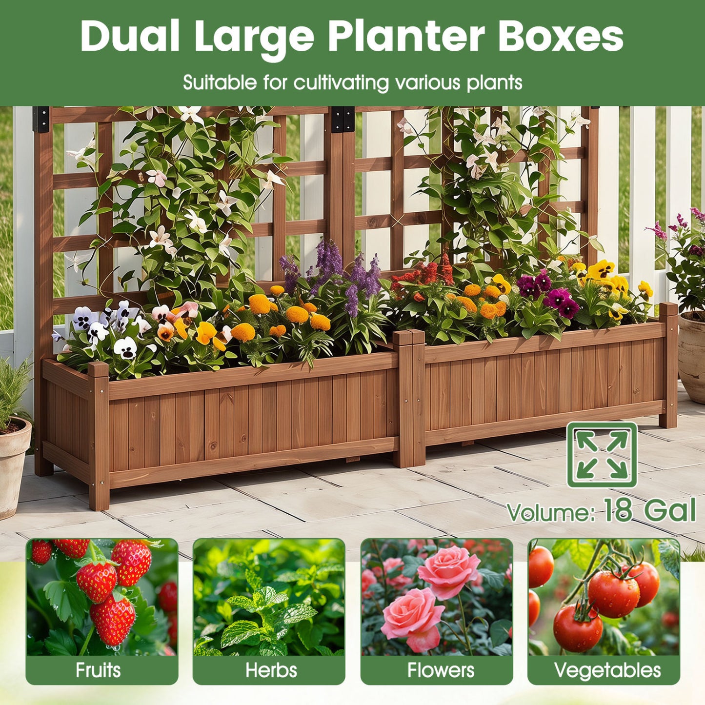 Dual Wooden Raised Garden Bed with Trellis, Rustic Brown Raised Garden Beds at Gallery Canada
