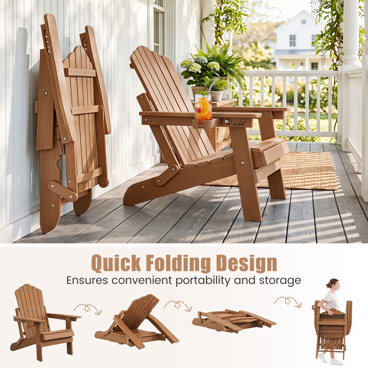 Outdoor Folding Adirondack Chair With Cup Holder, 5-Level Backrest, Coffee Adirondack Chairs at Gallery Canada