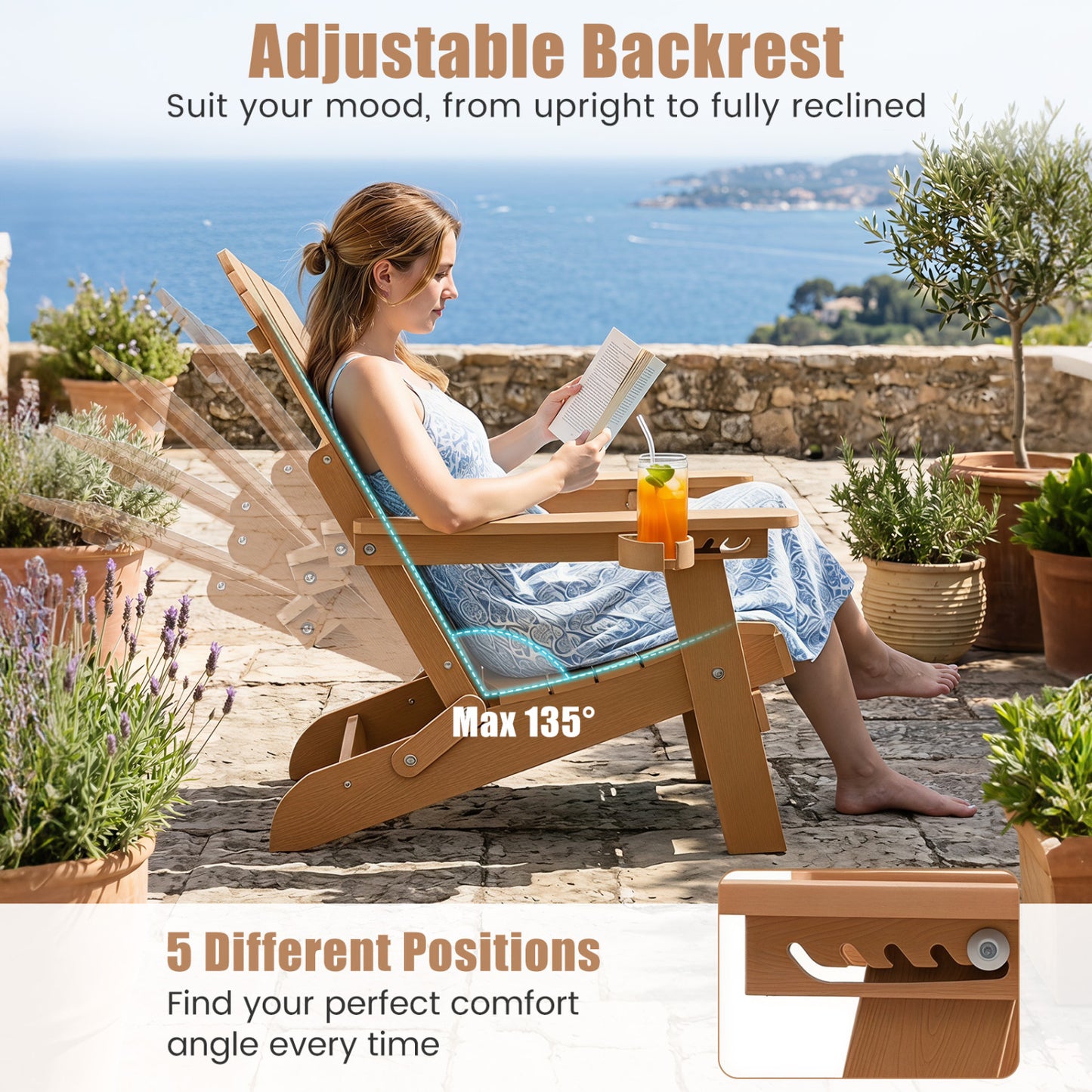 Outdoor Folding Adirondack Chair With Cup Holder, 5-Level Backrest, Coffee Adirondack Chairs at Gallery Canada