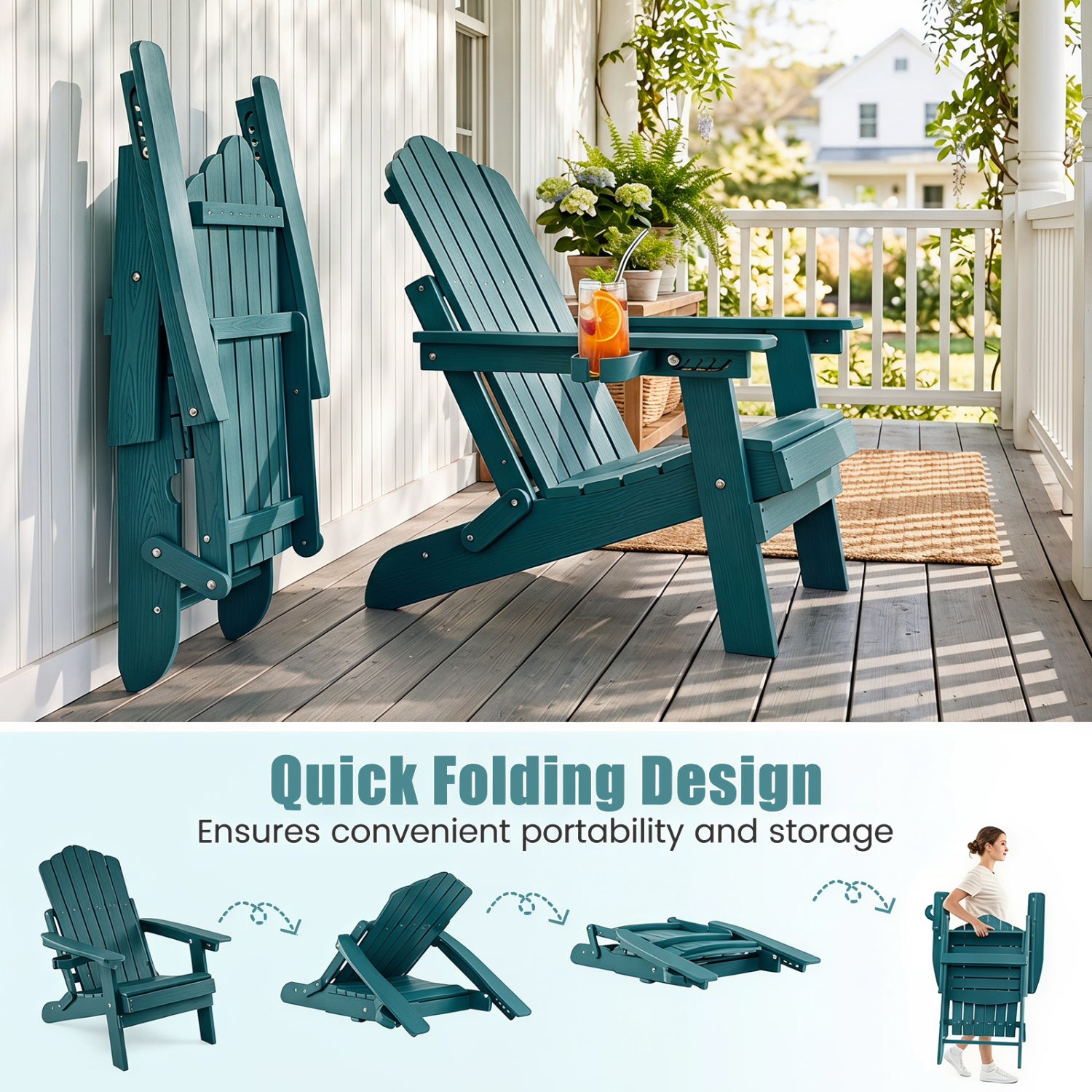 Outdoor Folding Adirondack Chair with Cup Holder, 5-Level Backrest, Green Adirondack Chairs at Gallery Canada