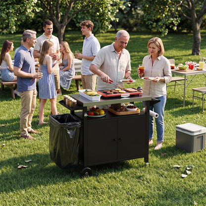 Outdoor Grill Cart, Stainless Steel Top, 2-Door Cabinet, Black