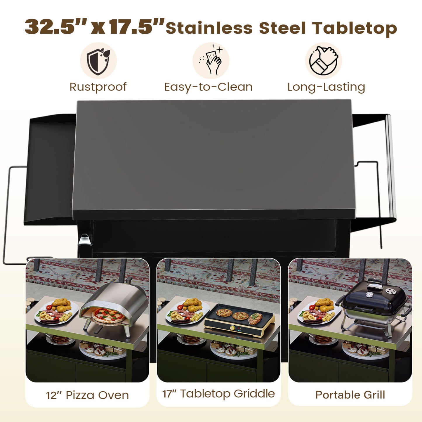 Outdoor Grill Cart, Stainless Steel Top, 2-Door Cabinet, Black