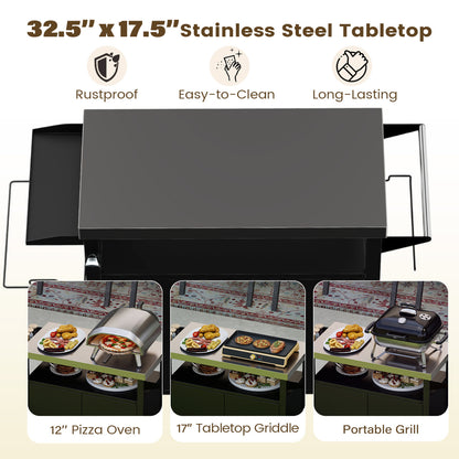 Outdoor Grill Cart, Stainless Steel Top, 2-Door Cabinet, Black