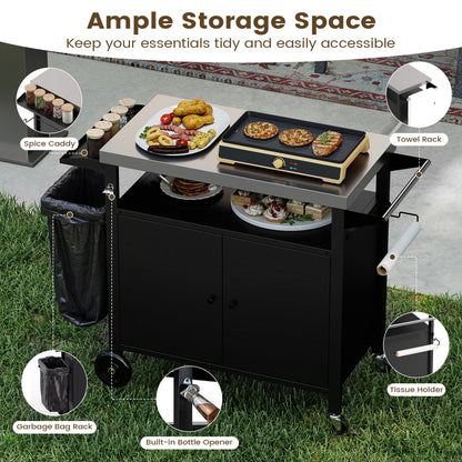 Outdoor Grill Cart, Stainless Steel Top, 2-Door Cabinet, Black