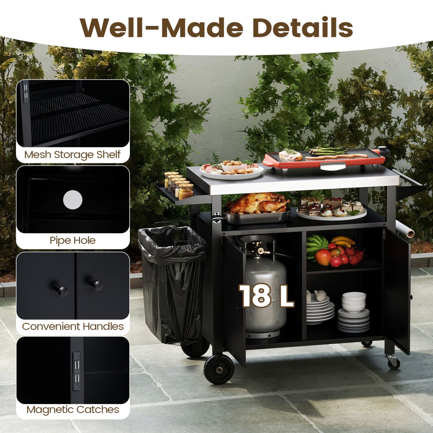 Outdoor Grill Cart, Stainless Steel Top, 2-Door Cabinet, Black