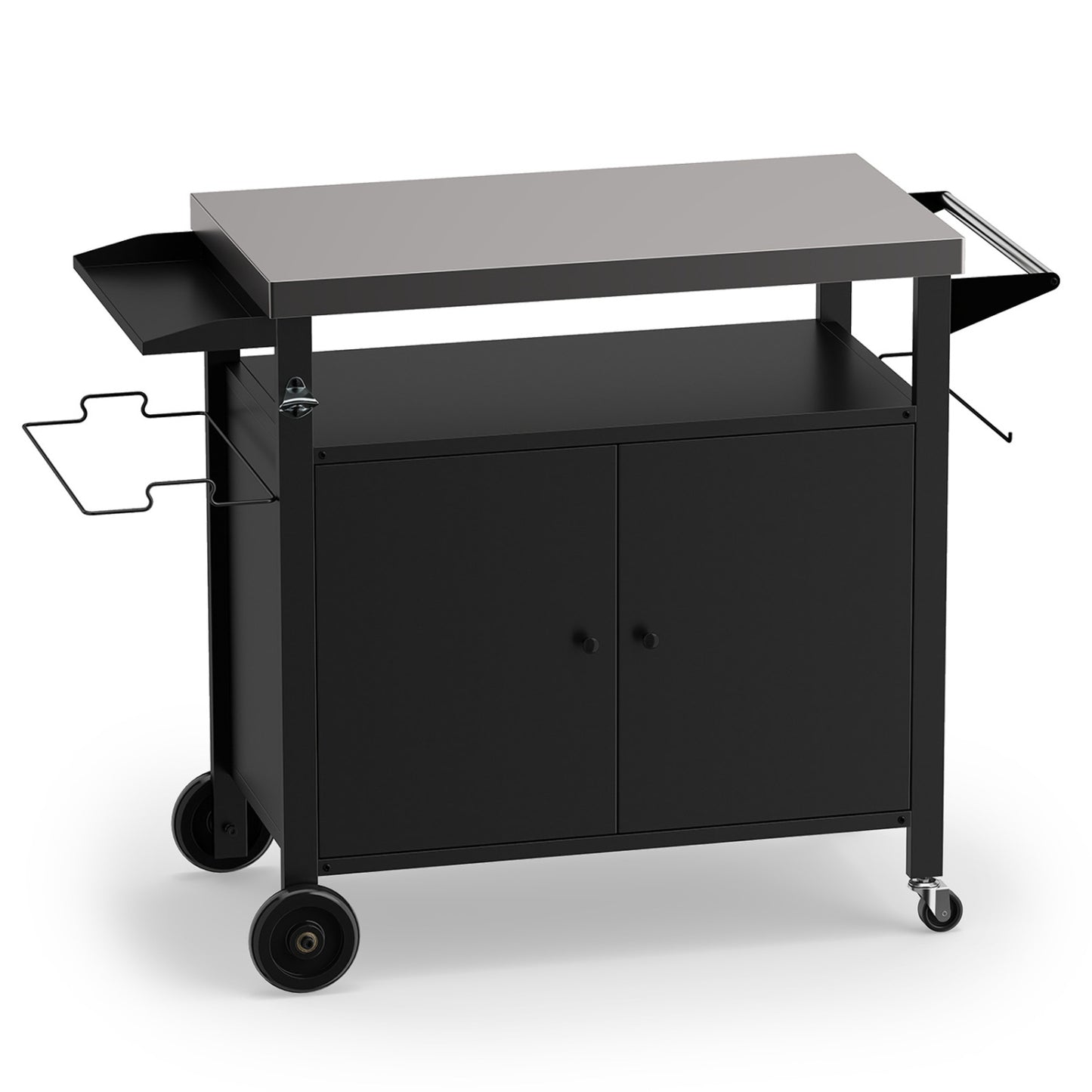 Outdoor Grill Cart, Stainless Steel Top, 2-Door Cabinet, Black