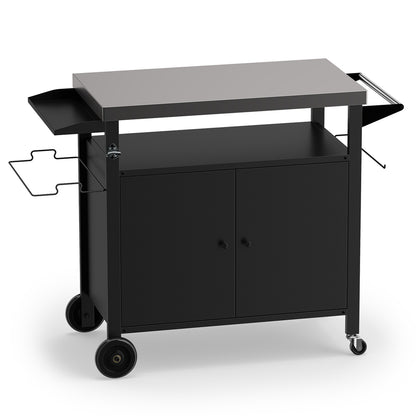 Outdoor Grill Cart, Stainless Steel Top, 2-Door Cabinet, Black