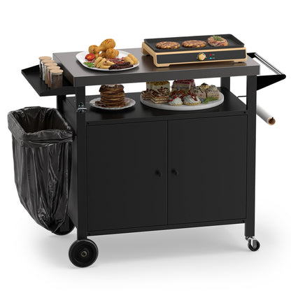 Outdoor Grill Cart, Stainless Steel Top, 2-Door Cabinet, Black