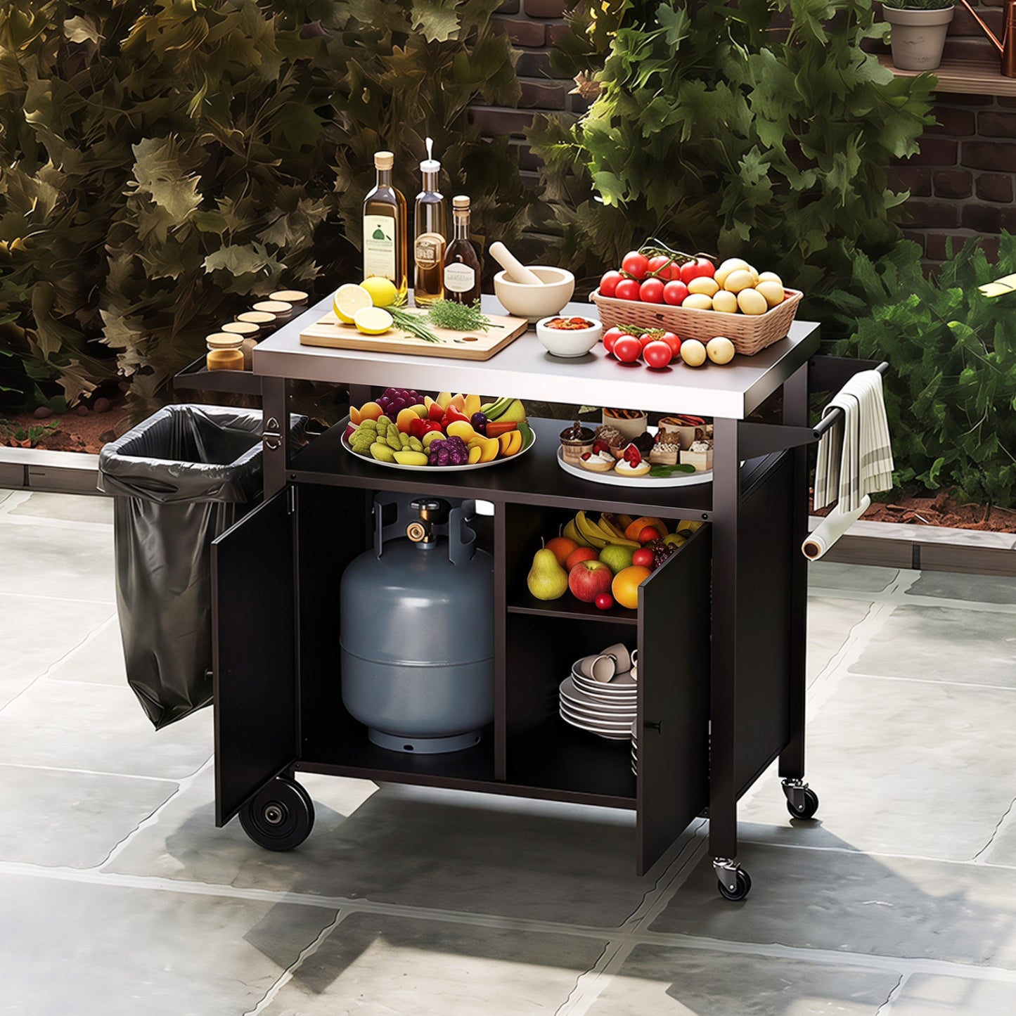 Outdoor Grill Cart, Stainless Steel Top, 2-Door Cabinet, Black