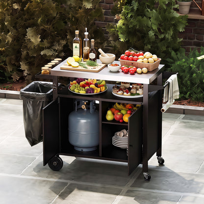 Outdoor Grill Cart, Stainless Steel Top, 2-Door Cabinet, Black