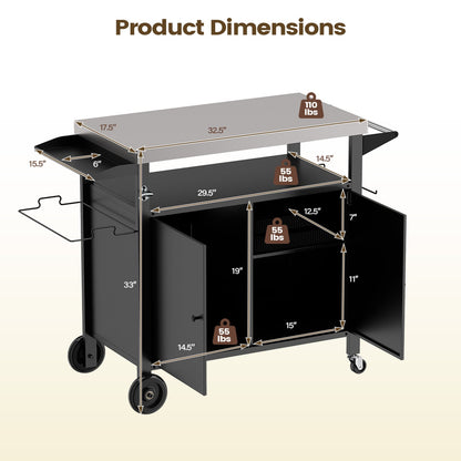 Outdoor Grill Cart, Stainless Steel Top, 2-Door Cabinet, Black