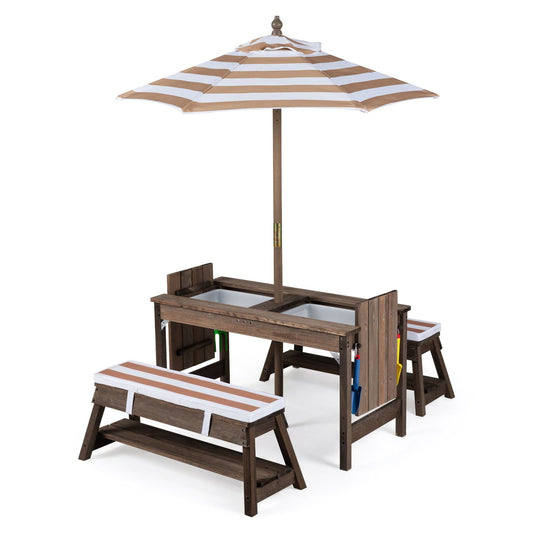 Wooden Kids Picnic Table & Benches with Umbrella, Brown Kids Table & Chair Sets Brown at Gallery Canada