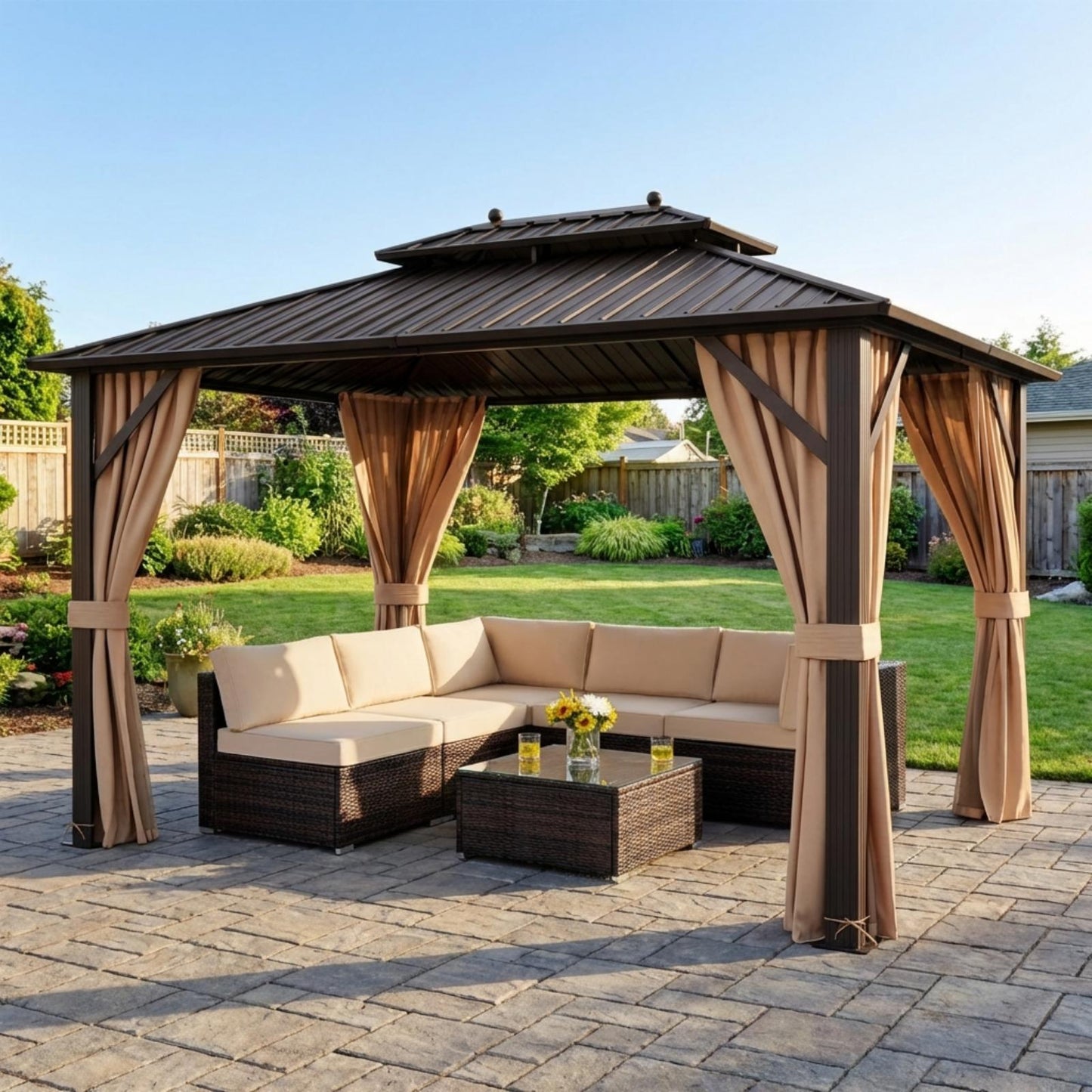 All-Weather Rattan Seating Set with Hardtop Gazebo Outdoor & Patio Furniture Mix Brown at Gallery Canada