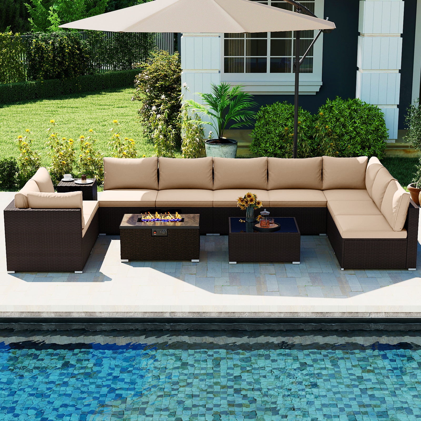 Outdoor Rattan Conversation Set, 32” Fire Pit Table With Tank Holder, Beige Patio Conversation Sets at Gallery Canada