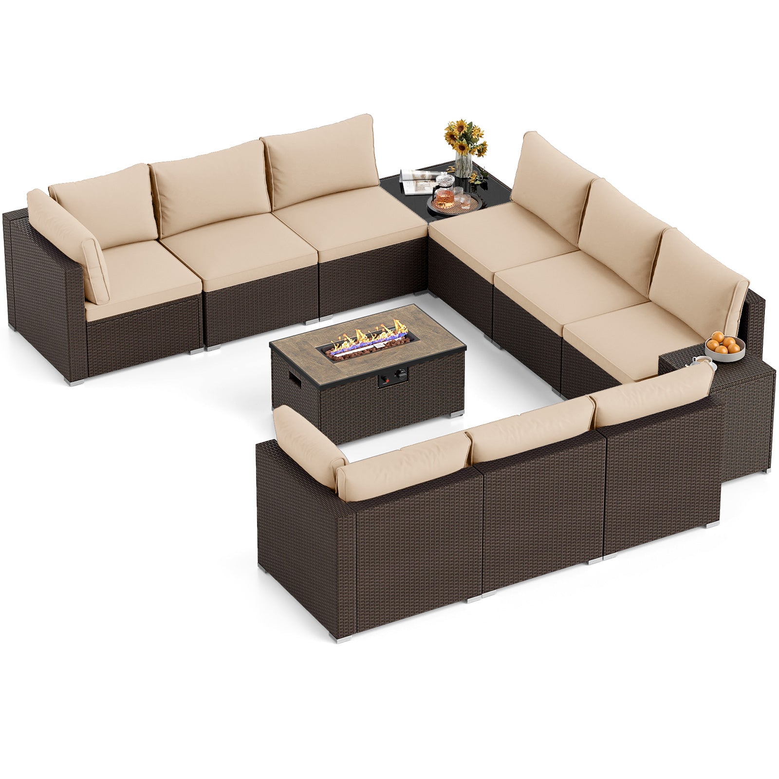 Outdoor Rattan Conversation Set, 32” Fire Pit Table With Tank Holder, Beige Patio Conversation Sets at Gallery Canada