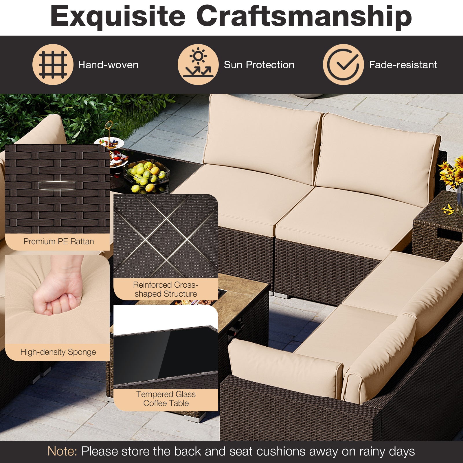 Outdoor Rattan Conversation Set, 32” Fire Pit Table With Tank Holder, Beige Patio Conversation Sets at Gallery Canada