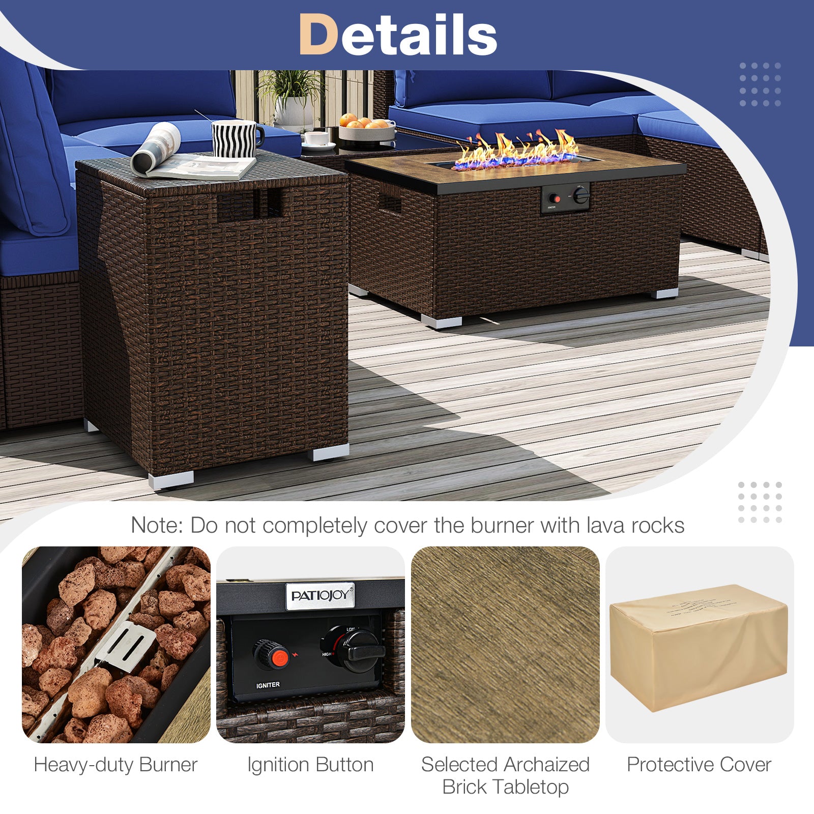 Outdoor Rattan Conversation Set, 32” Propane Fire Pit Table, Navy Patio Conversation Sets at Gallery Canada
