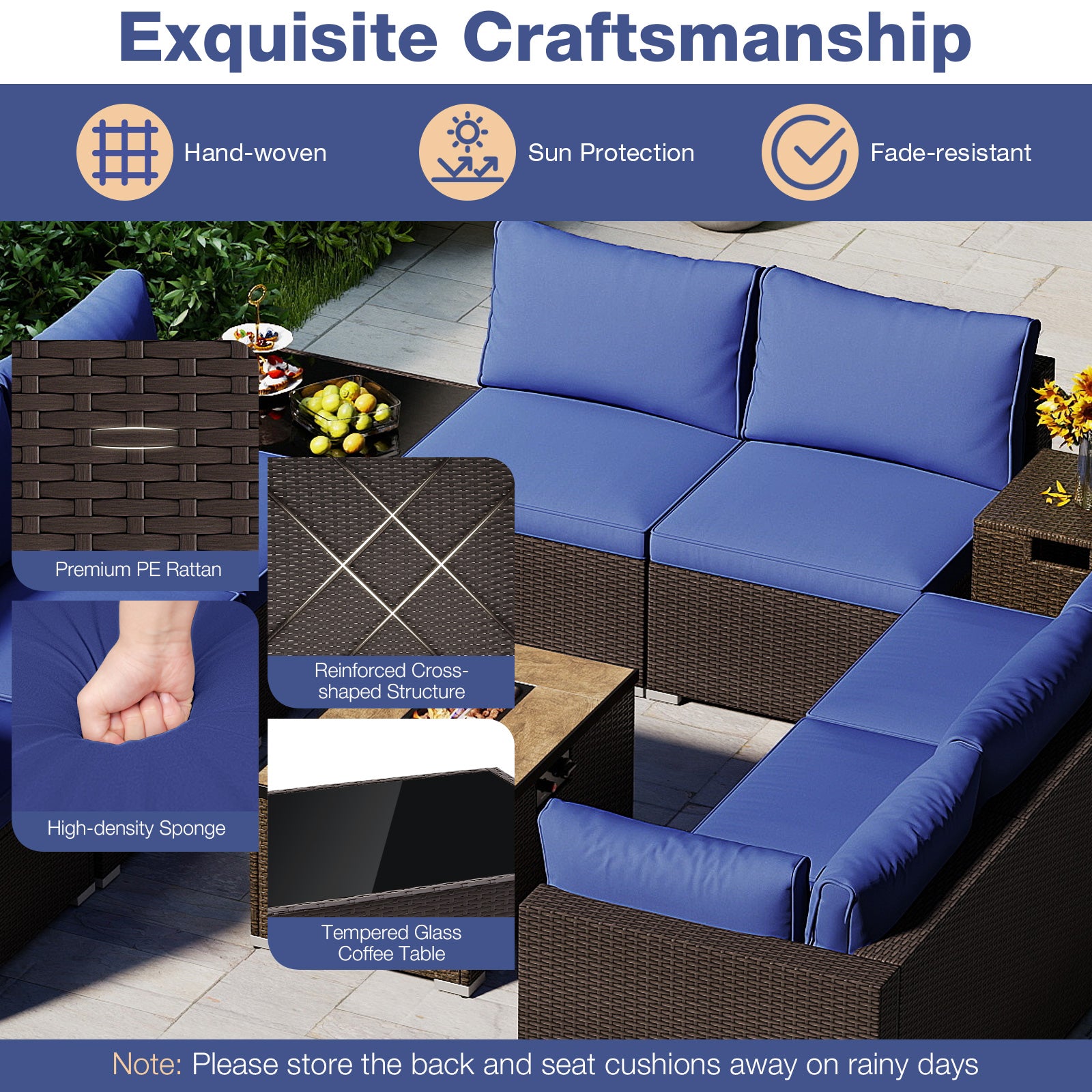 Outdoor Rattan Conversation Set, 32” Propane Fire Pit Table, Navy Patio Conversation Sets at Gallery Canada