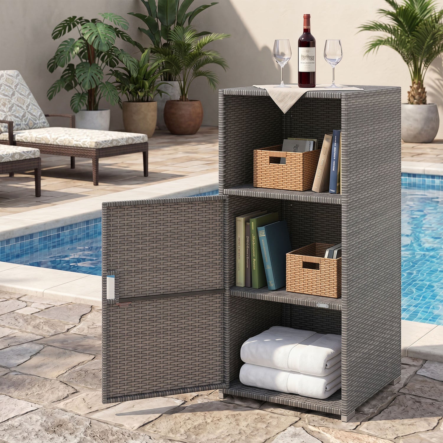 Outdoor PE Wicker Storage Cabinet with Door and Open Compartment for Patio, Gray Sheds & Outdoor Storage at Gallery Canada