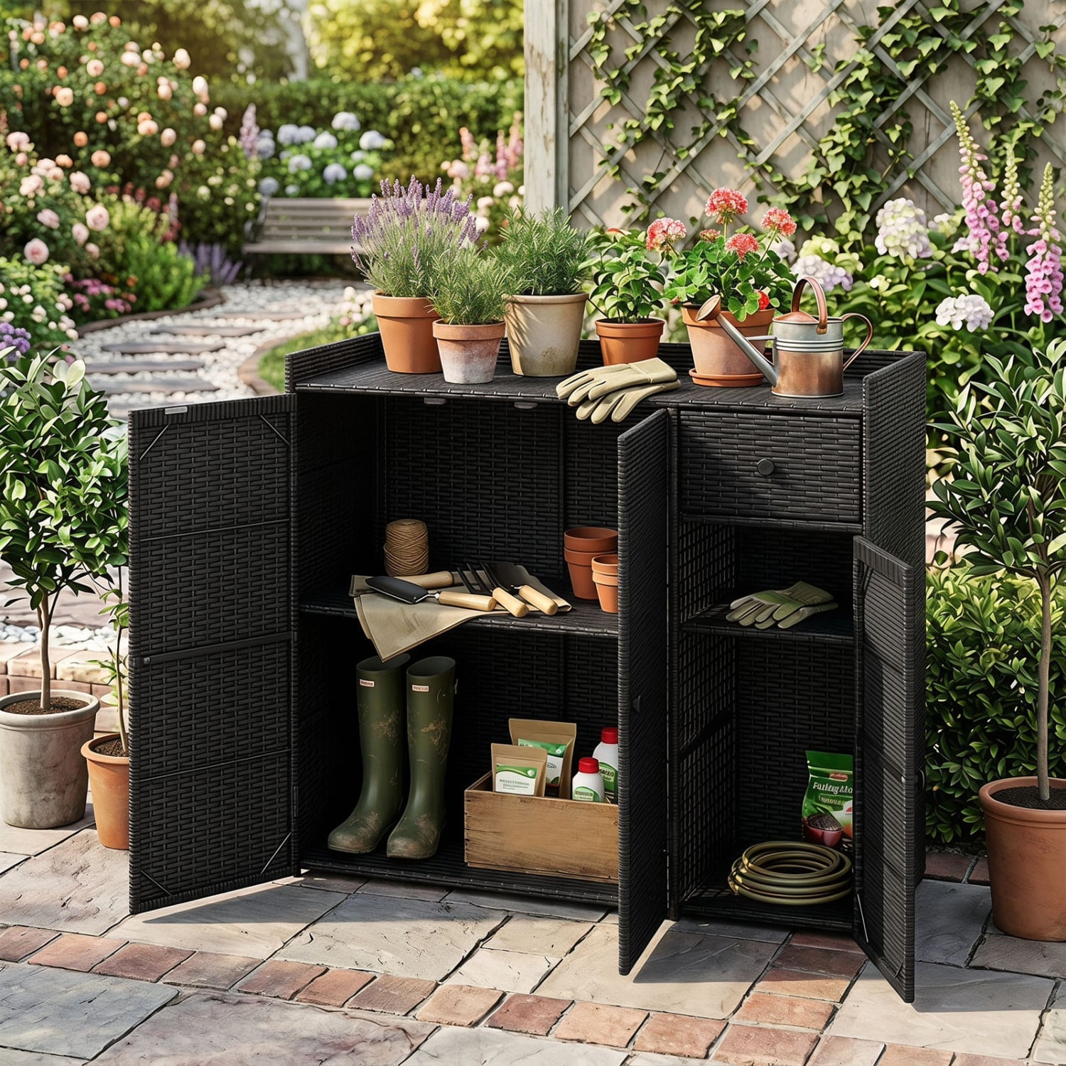 Outdoor PE Wicker Storage Cabinet, 3 Doors, Adjustable Shelves, Drawer, Black Sheds & Outdoor Storage at Gallery Canada