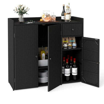 Outdoor PE Wicker Storage Cabinet, 3 Doors, Adjustable Shelves, Drawer, Black Sheds & Outdoor Storage Black at Gallery Canada