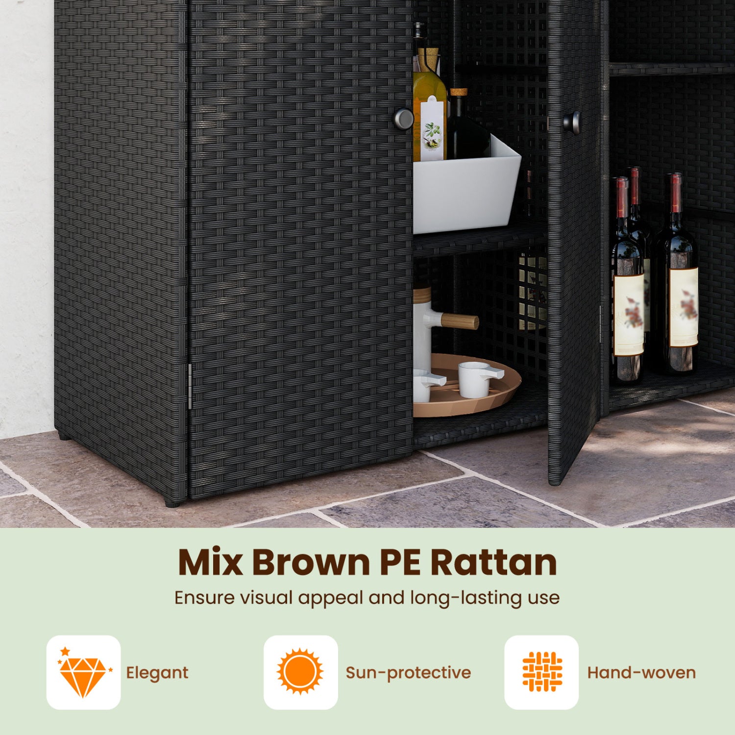 Outdoor PE Wicker Storage Cabinet, 3 Doors, Adjustable Shelves, Drawer, Black Sheds & Outdoor Storage at Gallery Canada