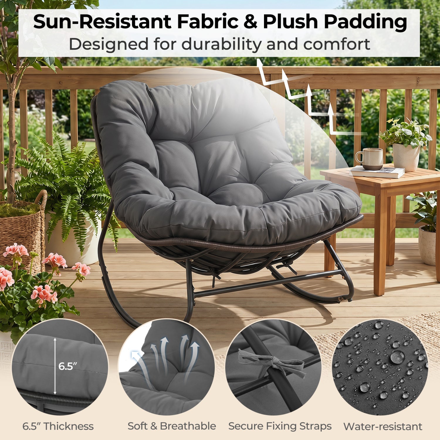 Outdoor Papasan Rocking Chair, Thick Cushion, Gray Patio Rocking Chairs & Gliders at Gallery Canada