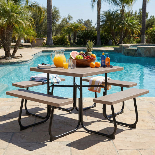 Outdoor Picnic Table With 4 Benches, Umbrella Hole, Brown Picnic Tables Brown at Gallery Canada