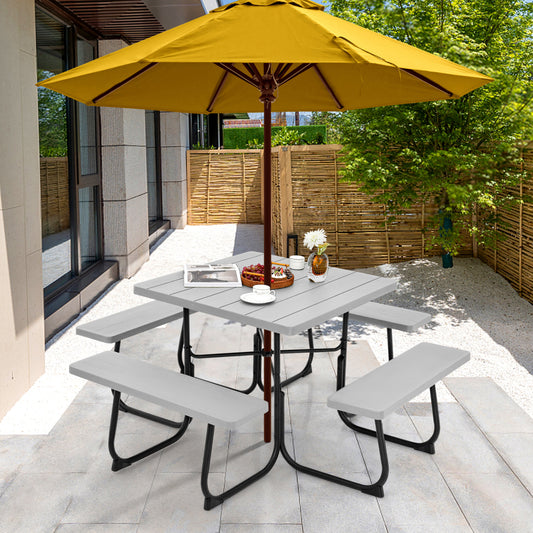 Outdoor Picnic Table With 4 Benches, Umbrella Hole, Gray Picnic Tables Gray at Gallery Canada
