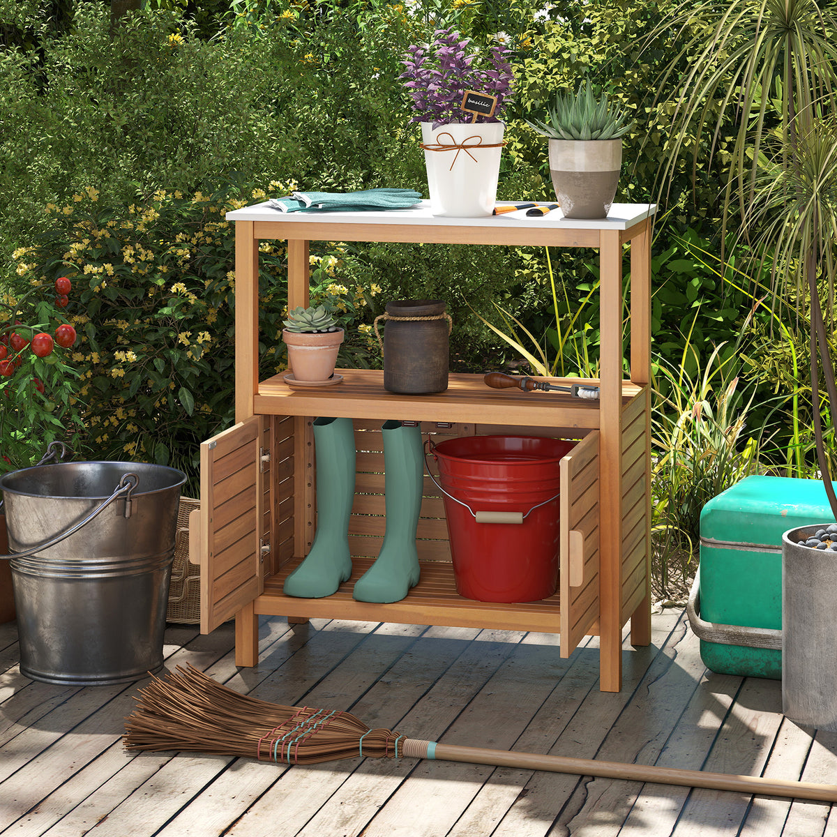 Acacia Wood Potting Bench, Louvered Doors, Natural Potting Benches & Tables at Gallery Canada