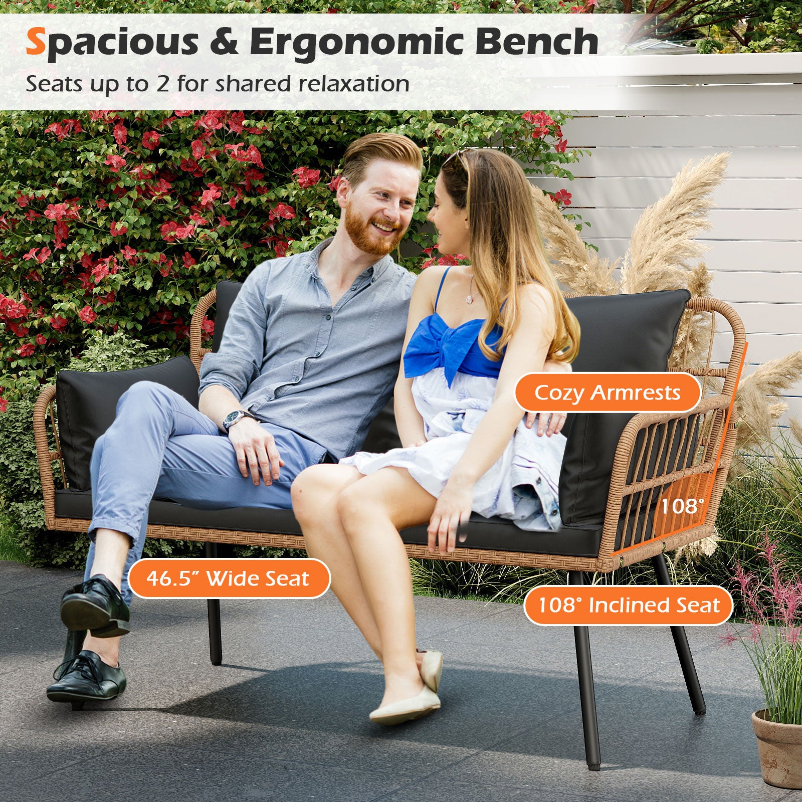 Outdoor Rattan 2-Seat Chair with Seat Back Cushions and Heavy-Duty Metal Legs, Black Outdoor Chaise Lounges at Gallery Canada