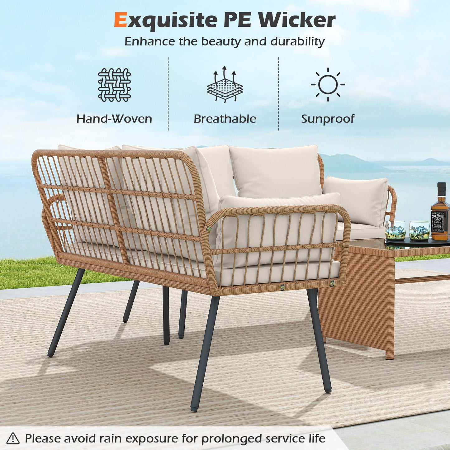 Outdoor Rattan 2-Seat Chair with Seat Back Cushions and Heavy-Duty Metal Legs, Off White Outdoor Chaise Lounges at Gallery Canada