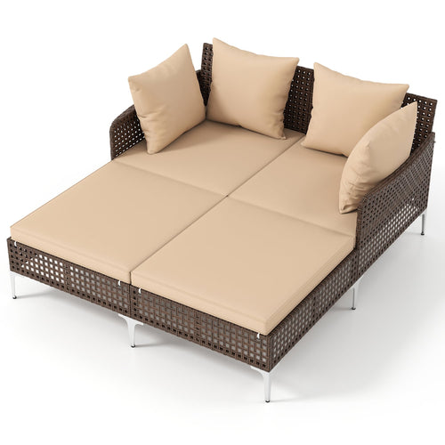 Outdoor Rattan Double Daybed Wicker Chaise Lounge, Brown