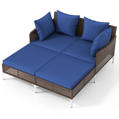 Outdoor Rattan Double Daybed Wicker Chaise Lounge, Navy Outdoor Chaise Lounges Navy at Gallery Canada