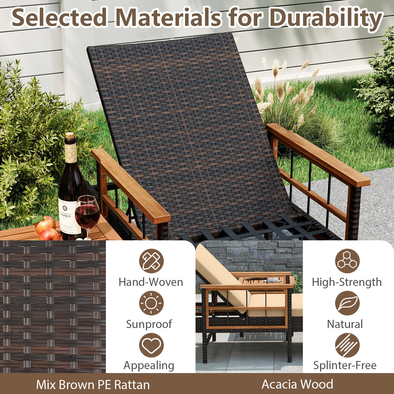 Outdoor Reclining Lounger Chair with 4-Level Adjustable Backrest-WH, Beige Outdoor Chaise Lounges at Gallery Canada