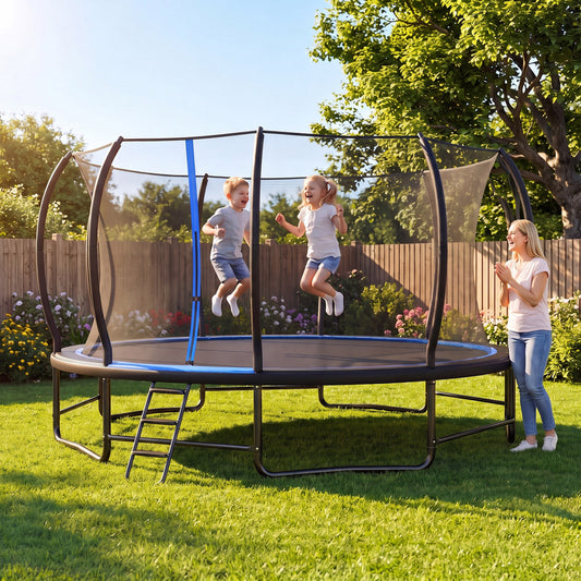 Giant Round Outdoor Trampoline with Enclosure Net, Blue Trampolines Blue at Gallery Canada