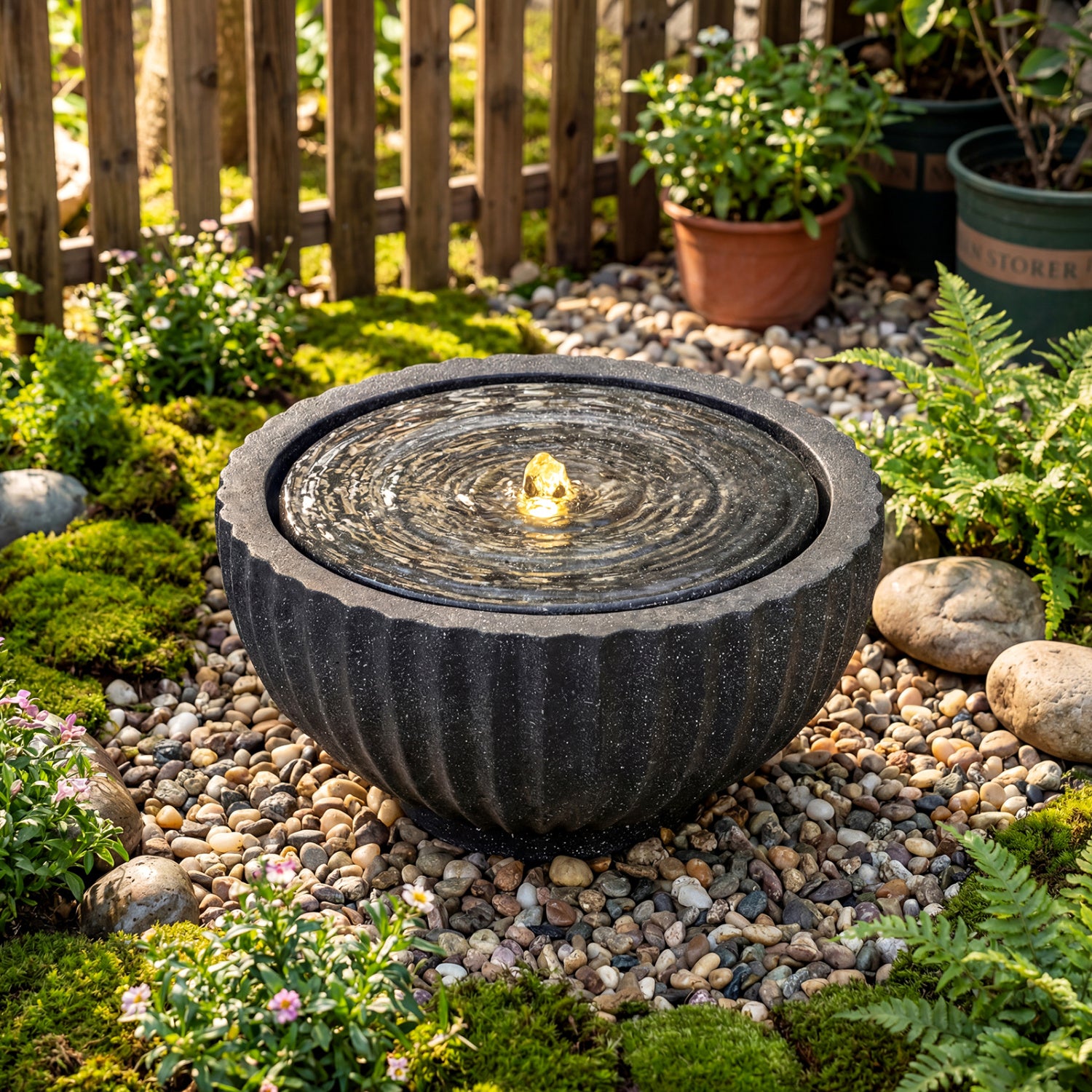Outdoor Round Sphere Water Fountain With LED Lights, Pump, Gray Outdoor Decor at Gallery Canada
