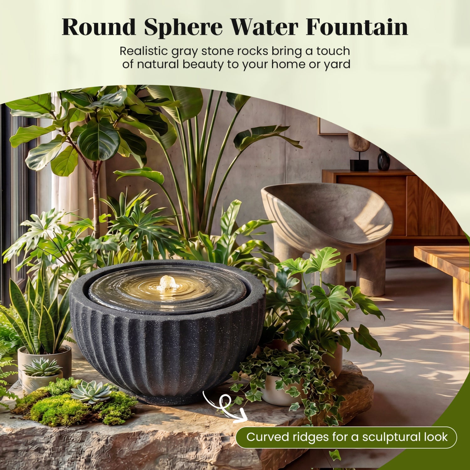 Outdoor Round Sphere Water Fountain With LED Lights, Pump, Gray Outdoor Decor at Gallery Canada