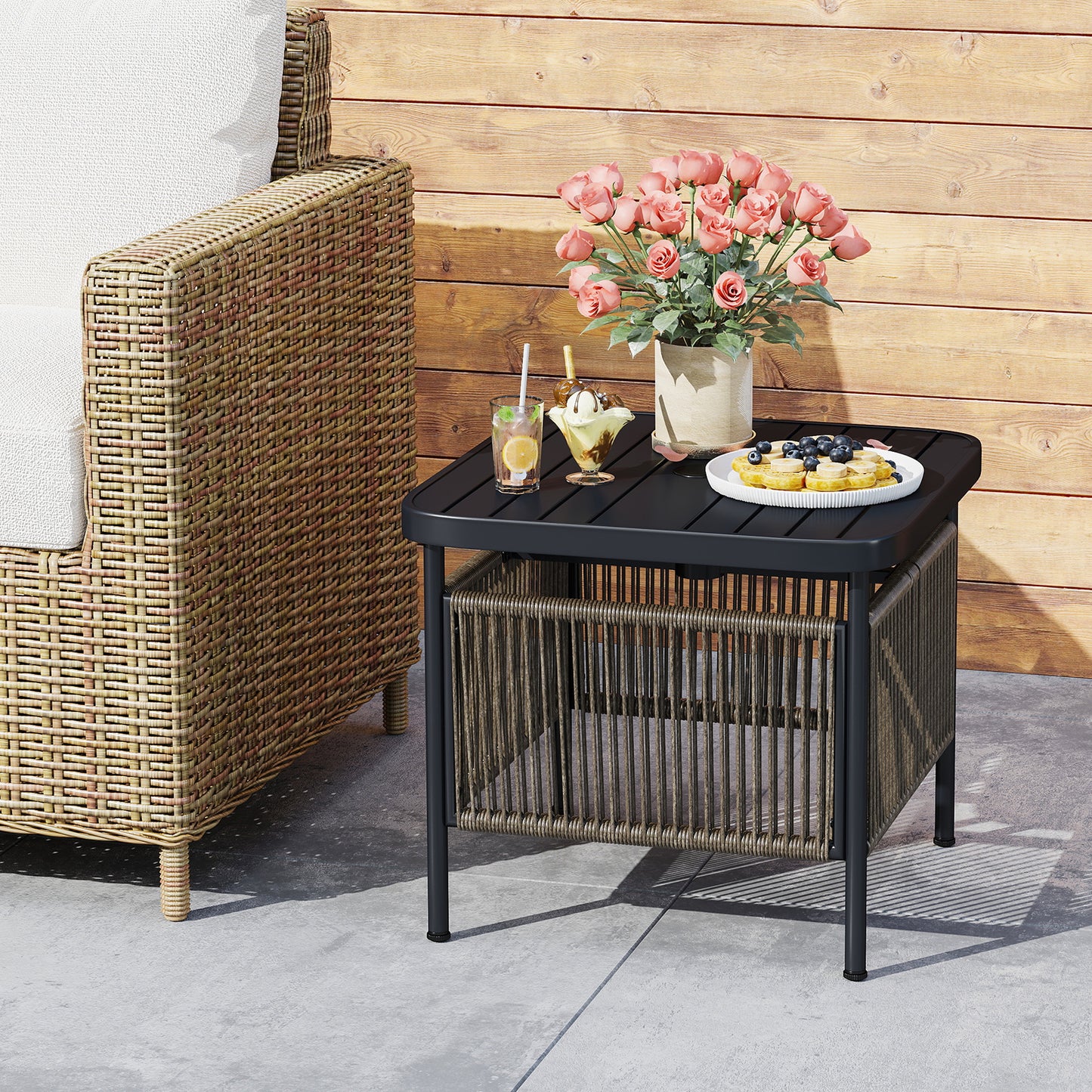 Outdoor Side Table With Umbrella Hole, Storage Shelf, Black Patio Coffee Tables at Gallery Canada