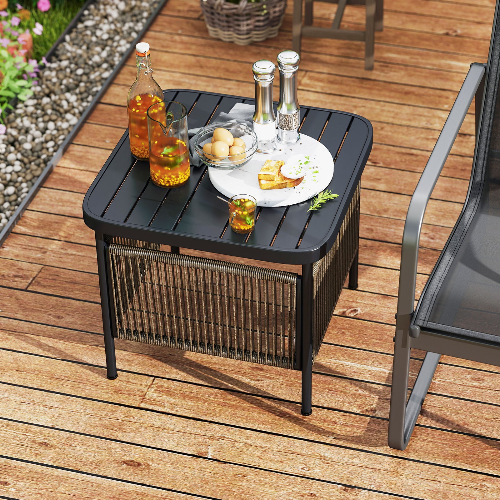 Outdoor Side Table With Umbrella Hole, Storage Shelf, Black Patio Coffee Tables at Gallery Canada