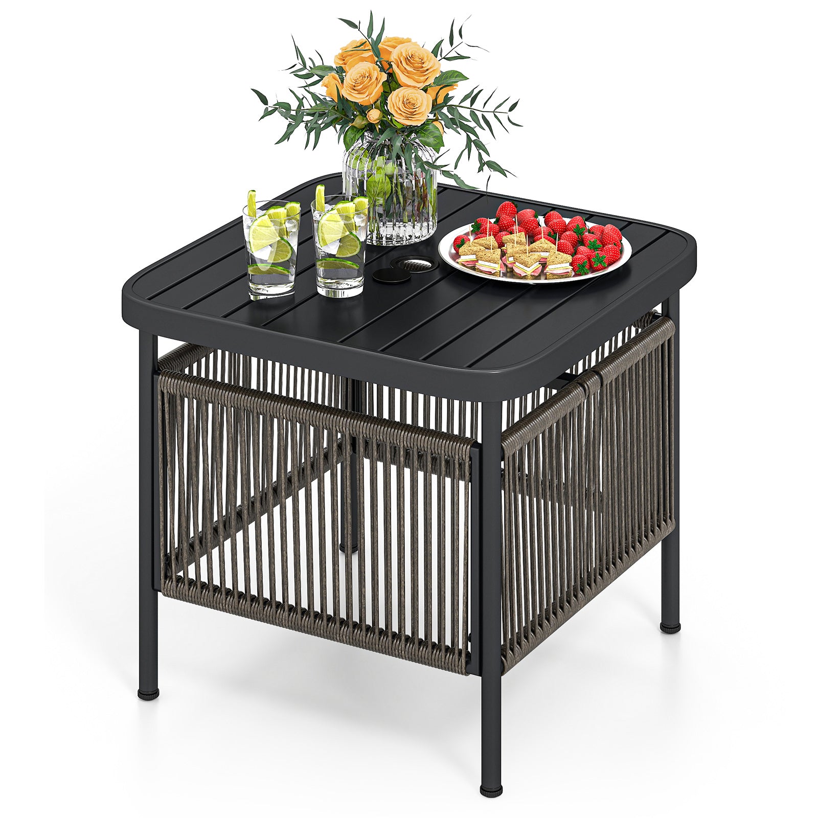 Outdoor Side Table With Umbrella Hole, Storage Shelf, Black Patio Coffee Tables at Gallery Canada