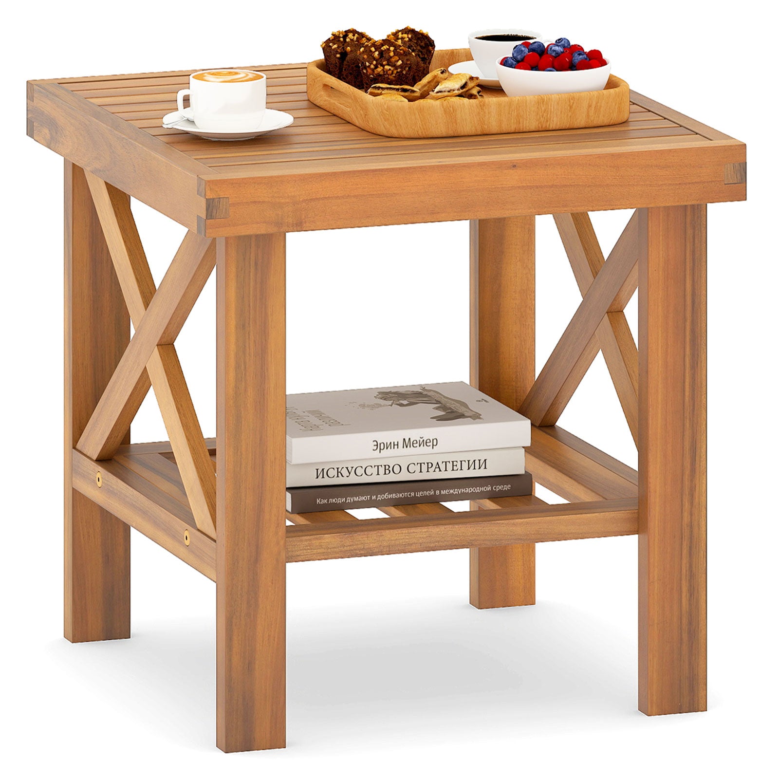 Outdoor Side Table With Storage Shelf, Natural Patio Coffee Tables at Gallery Canada